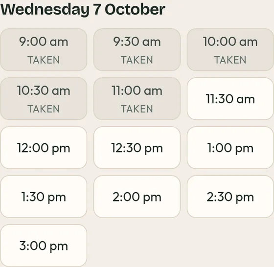 The same day after the fix: 9:00 am and the other booked times show as taken