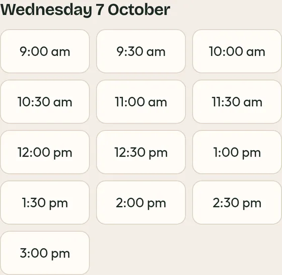 Booking times for Wednesday before the fix: 9:00 am still open after it was booked