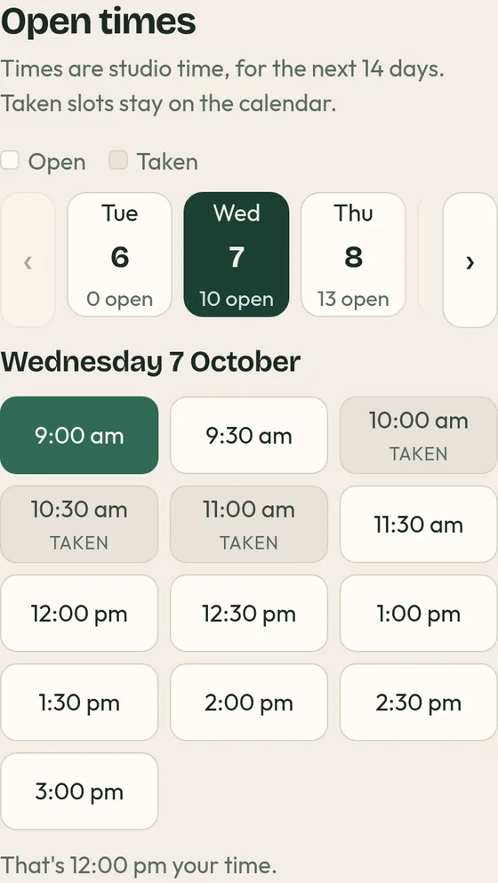 The same times after the fix, marked studio time, with “That’s 12:00 pm your time.” underneath