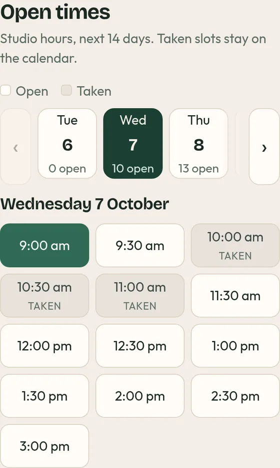 Booking times on a phone before the fix, with no time zone shown