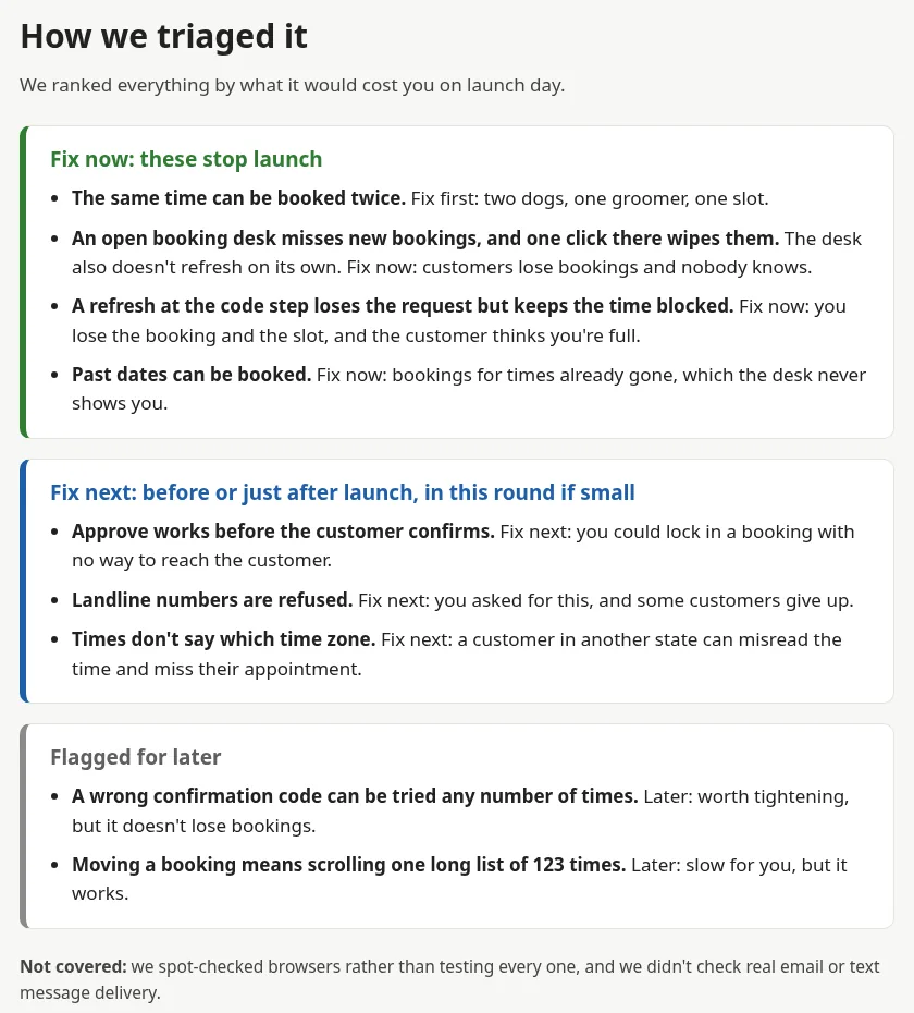 Our ranking for the booking site: fix now, fix next and flagged for later, each with a one-line reason