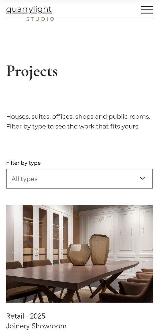 The same page after the fix: readable intro, one filter and the first project